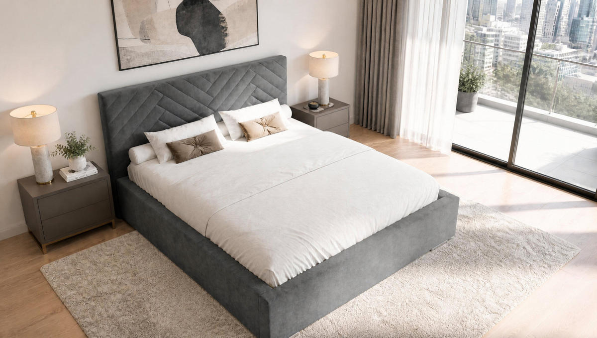 POLSTERBETT 200x200 cm AURA, Doppelbett mit Bettkasten und Lattenrost aus Holz, Velourstoff: Dunkelgrau - Dunkelgrau, Holz/Kunststoff (200/200cm) - Marpur