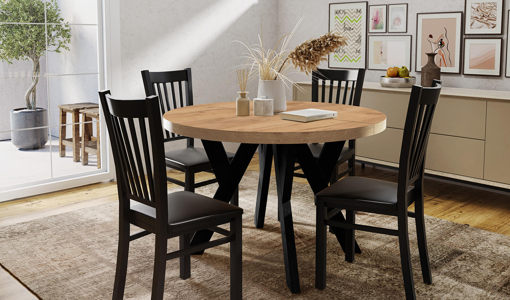 ESSTISCH Runder Ausziehbarer PERO 90/140, Eiche Artisan / Schwarz - Schwarz/Eiche Artisan, Holz (140/90/77cm) - Dekori_Interiors