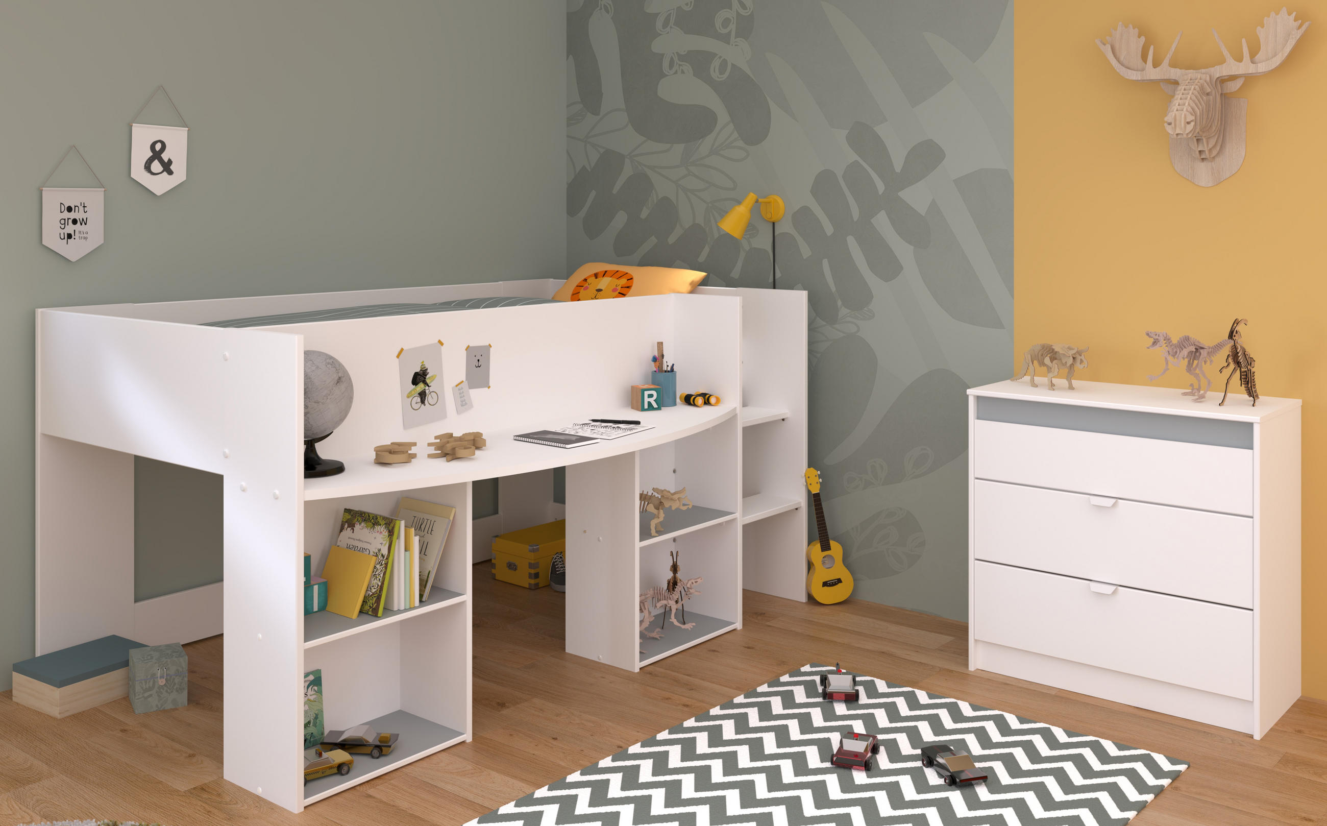 JUGENDZIMMER Pirouette 16 in Weiß mit Rosa oder Kieselgrau 2 teilig mit Hochbett - Weiß, Holzwerkstoff (120/200/80cm)