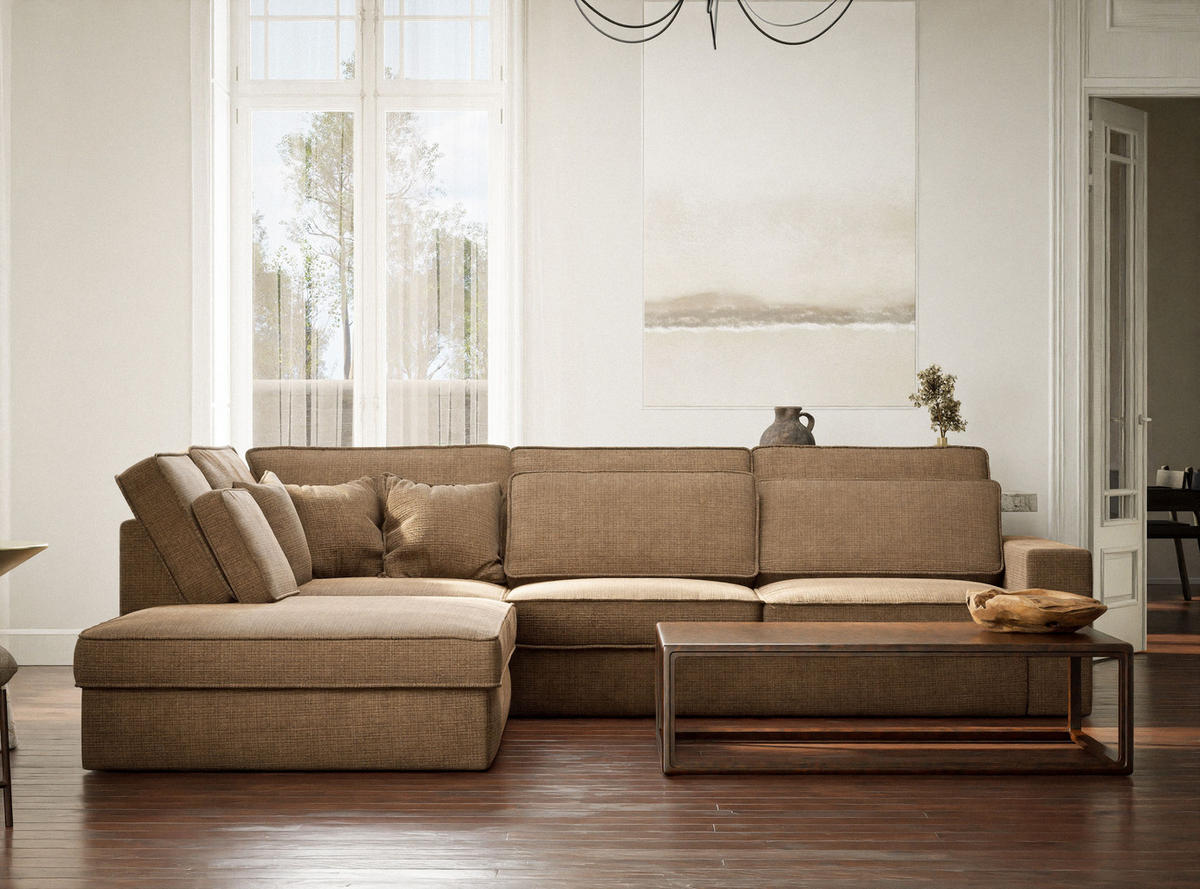 ECKSOFA Kirou Hellbraun Chenille-Stoff - Links Seite - Hellbraun/Schwarz, Holz/Holzwerkstoff (225/311cm) - Maison de Reve