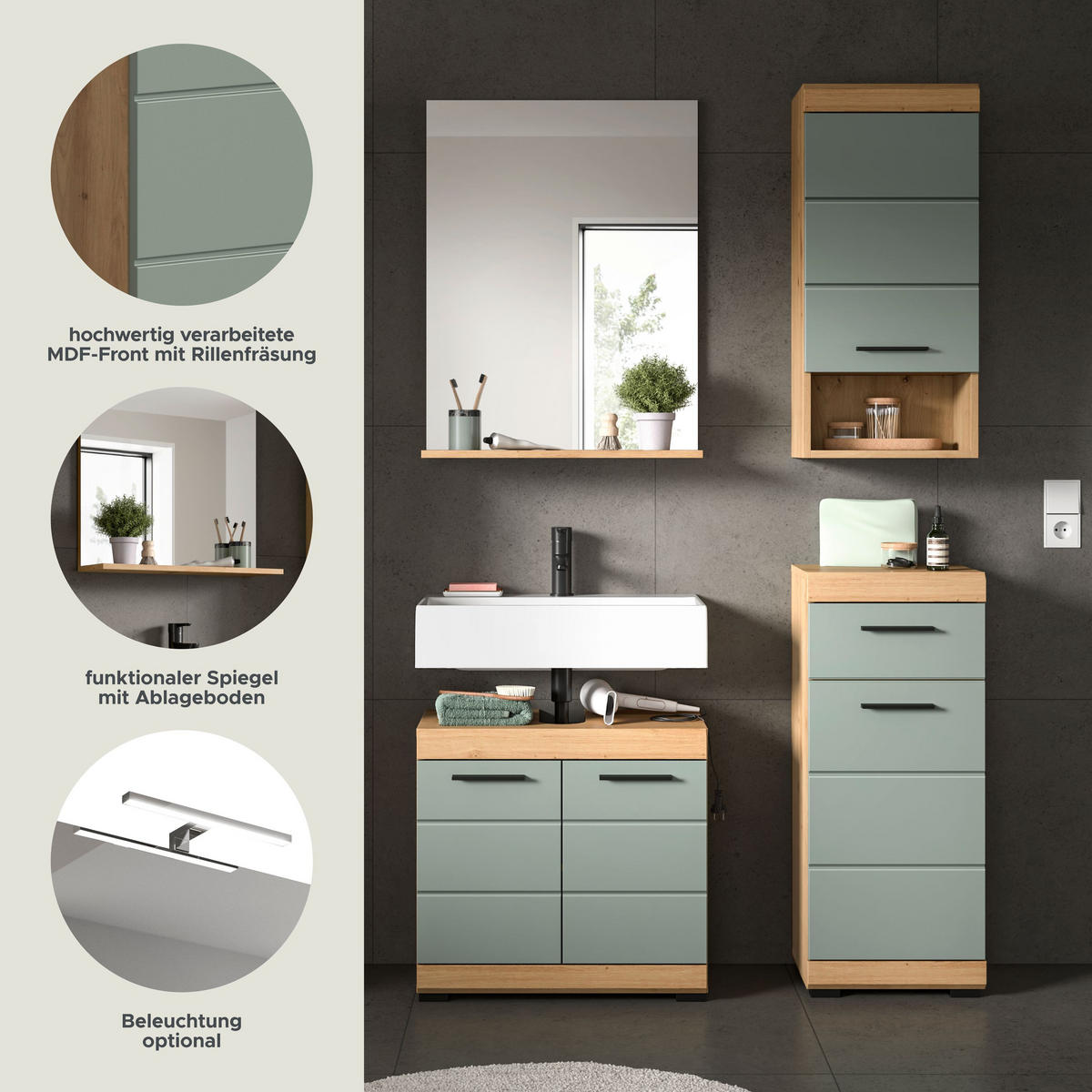 BADKOMBINATION 4tlg. Scout Bad in Artisan Eiche Nachbildung und Salbei Nachbildung B/H/T: 112x191x34 cm - Eiche Artisan, Holz (112/191/34cm)