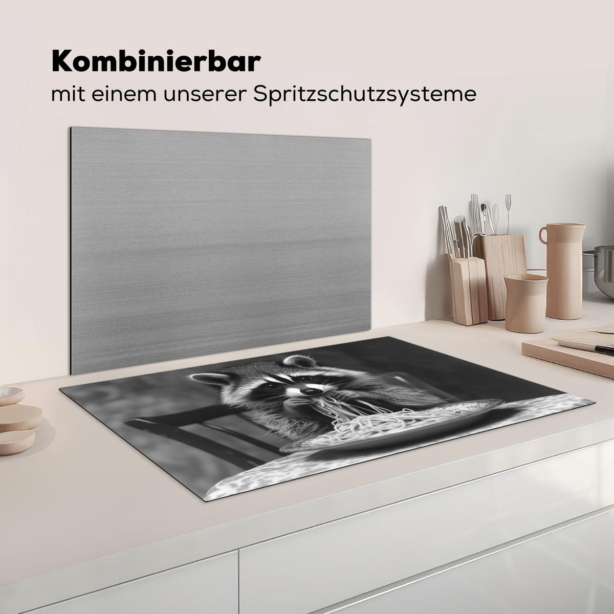 HERDABDECKPLATTE Waschbär - Niedlich - Pasta - Tischtuch - Schwarz - Weiß Induktionsmatte 83x51 cm - Grau, Kunststoff (83/51.5/0.2cm) - MuchoWow