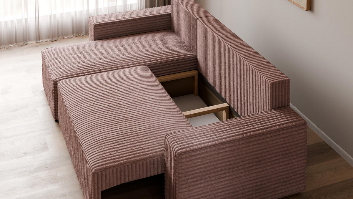 ECKSOFA Tobi mit Bettkasten und Schlaffunktion, L-Form, Cordstoff, Universal - Roségold, Holzwerkstoff (246/145cm) - 4ALL HOME