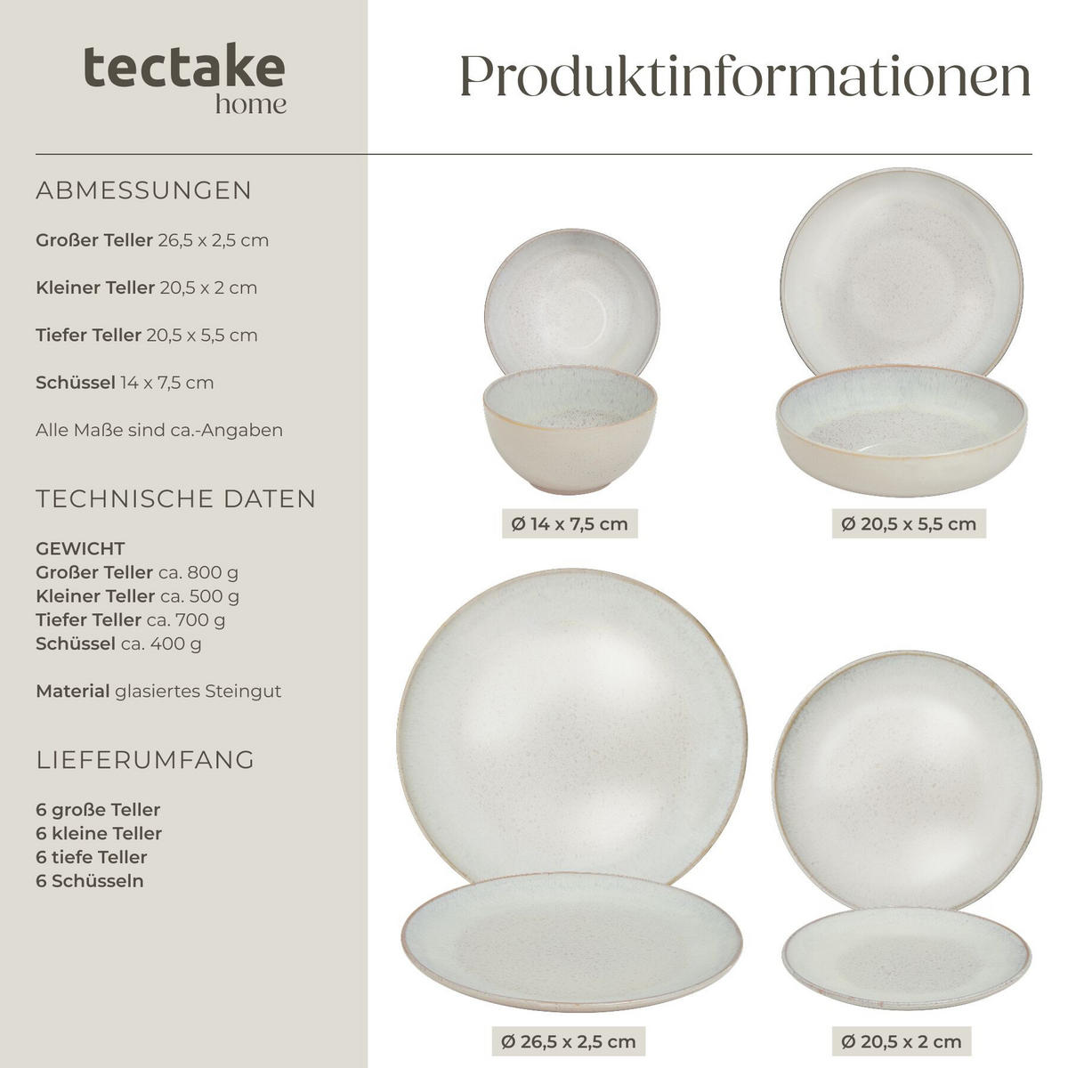 TAFELSERVICE Mare, ineinander stapelbar, Sand - Sandfarben, Keramik (26.5/2.5/26.5cm) - tectake