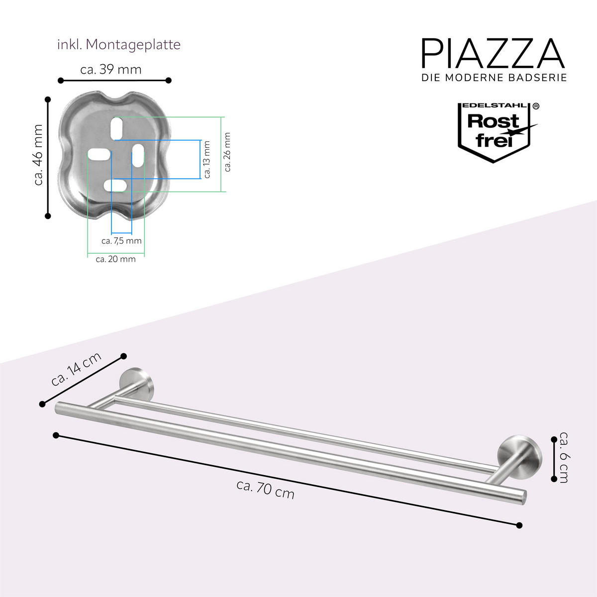 BADETUCHSTANGE PIAZZA Edelstahl, inkl. Klebeset - Edelstahlfarben, Metall (70/6/14cm) - bremermann
