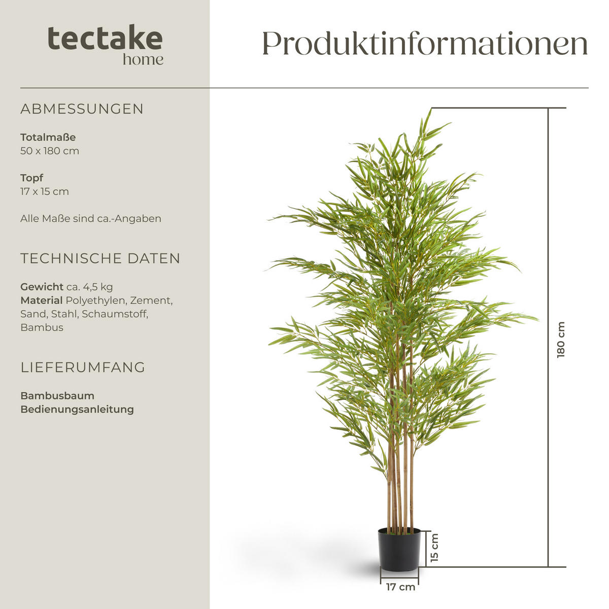 KÜNSTLICHER-BAMBUSBAUM Bambosa,stabiler Kunststoff-Blumentopf,grün - Grün, Kunststoff (180cm) - tectake
