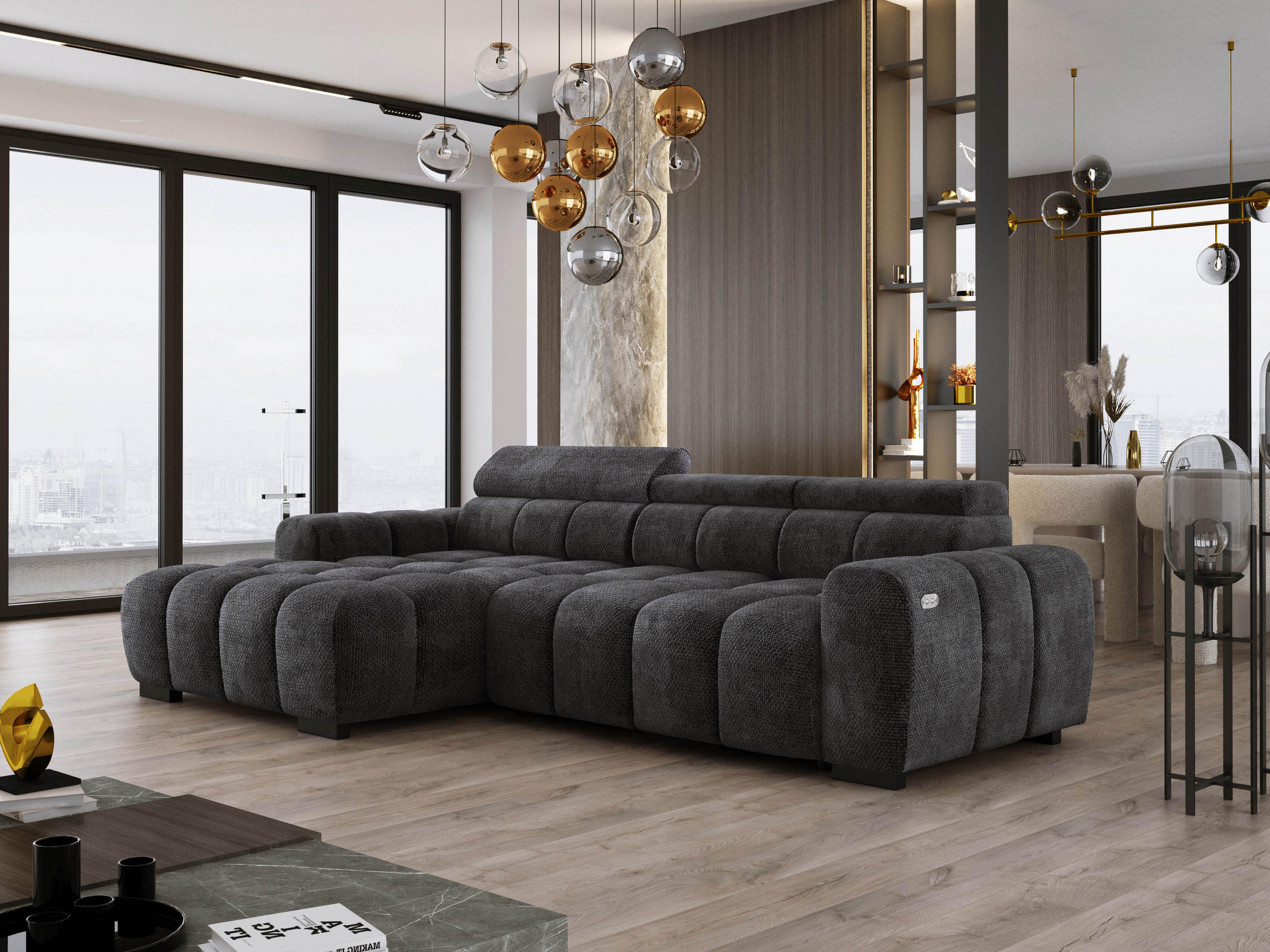 ECKSOFA OMBO 285x168x77/97 cm, Links, Schlaffunktion, elektr. Sitz, Kopfstützen, hydrophober EDEN-Stoff – Schwarz - Schwarz, Holz/Textil (168/285cm) - DomoHome