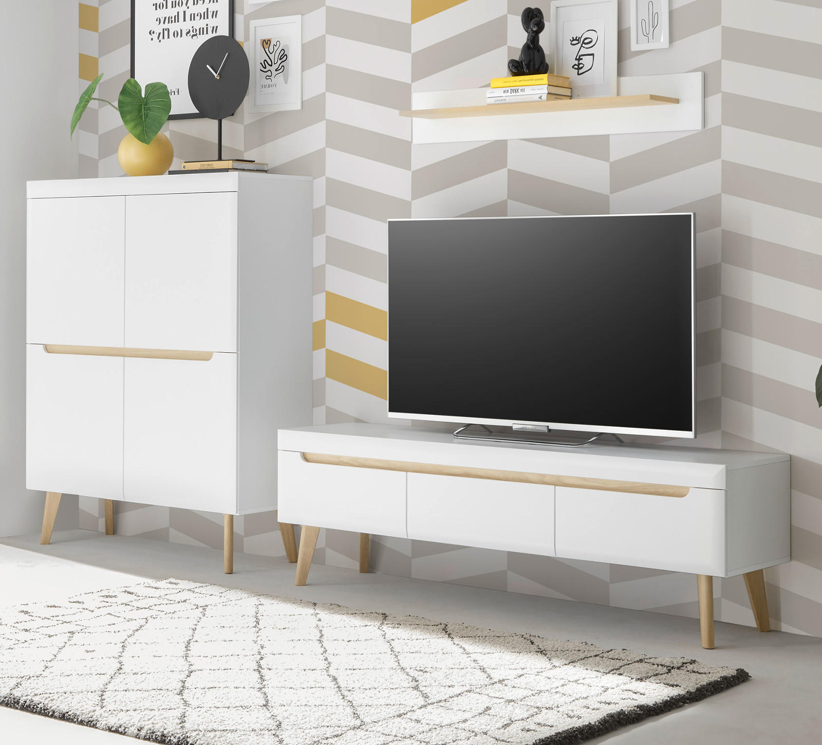 WOHNWAND 3-teilig weiß matt, Eiche, skandinavisch 287 cm, Schrankwand mit Soft-Close - Eichefarben/Weiß, Eichenholz/Holz (287/170/40cm) - Furn.Design