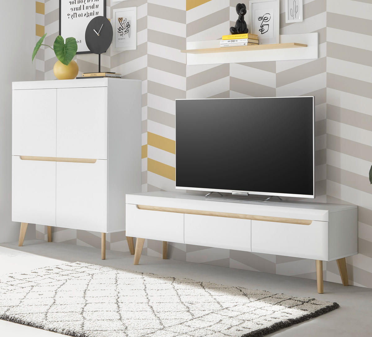 WOHNWAND 3-teilig weiß matt, Eiche, skandinavisch 287 cm, Schrankwand mit Soft-Close - Eichefarben/Weiß, Eichenholz/Holz (287/170/40cm) - Furn.Design