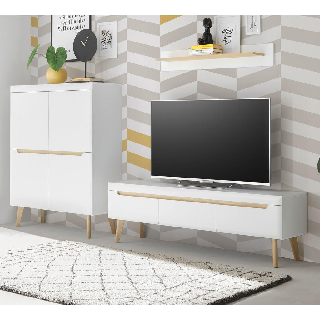 Thumbnail - Furn.Design Wohnwand, Weiß, Eiche, Holzwerkstoff, Nachbildung, Echtholz,Eiche, Holz Optik, Uni, 4 Fächer, 3 Schubladen, ...