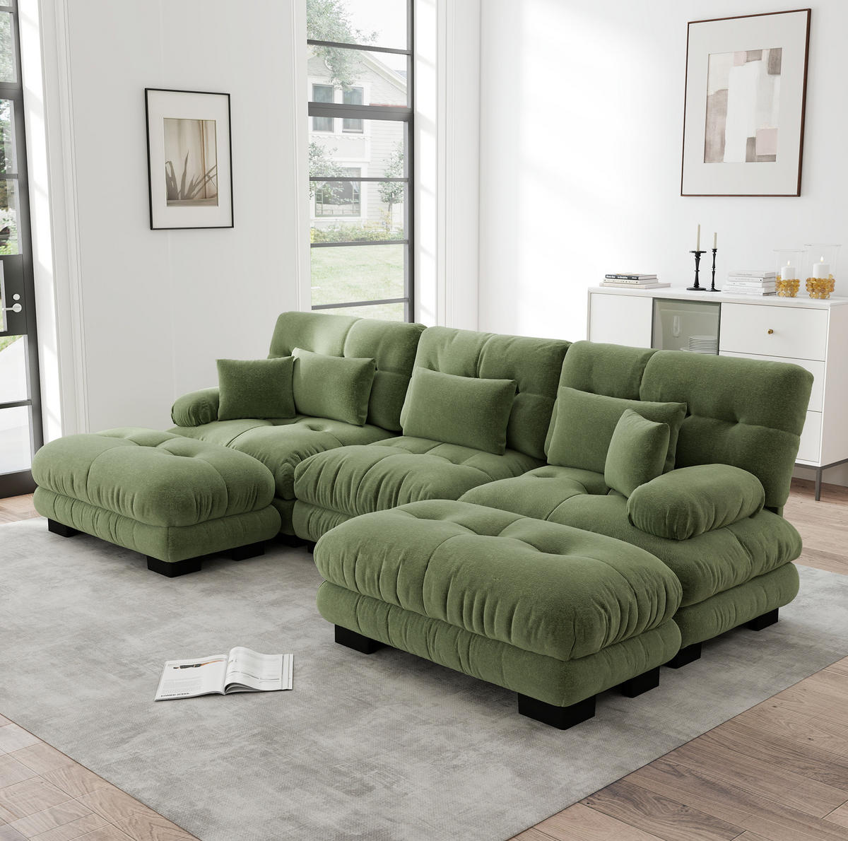SOFA modular Chenille Green mit Ottomans - Grün, Kunststoff (145/81/313cm) - Meubliv