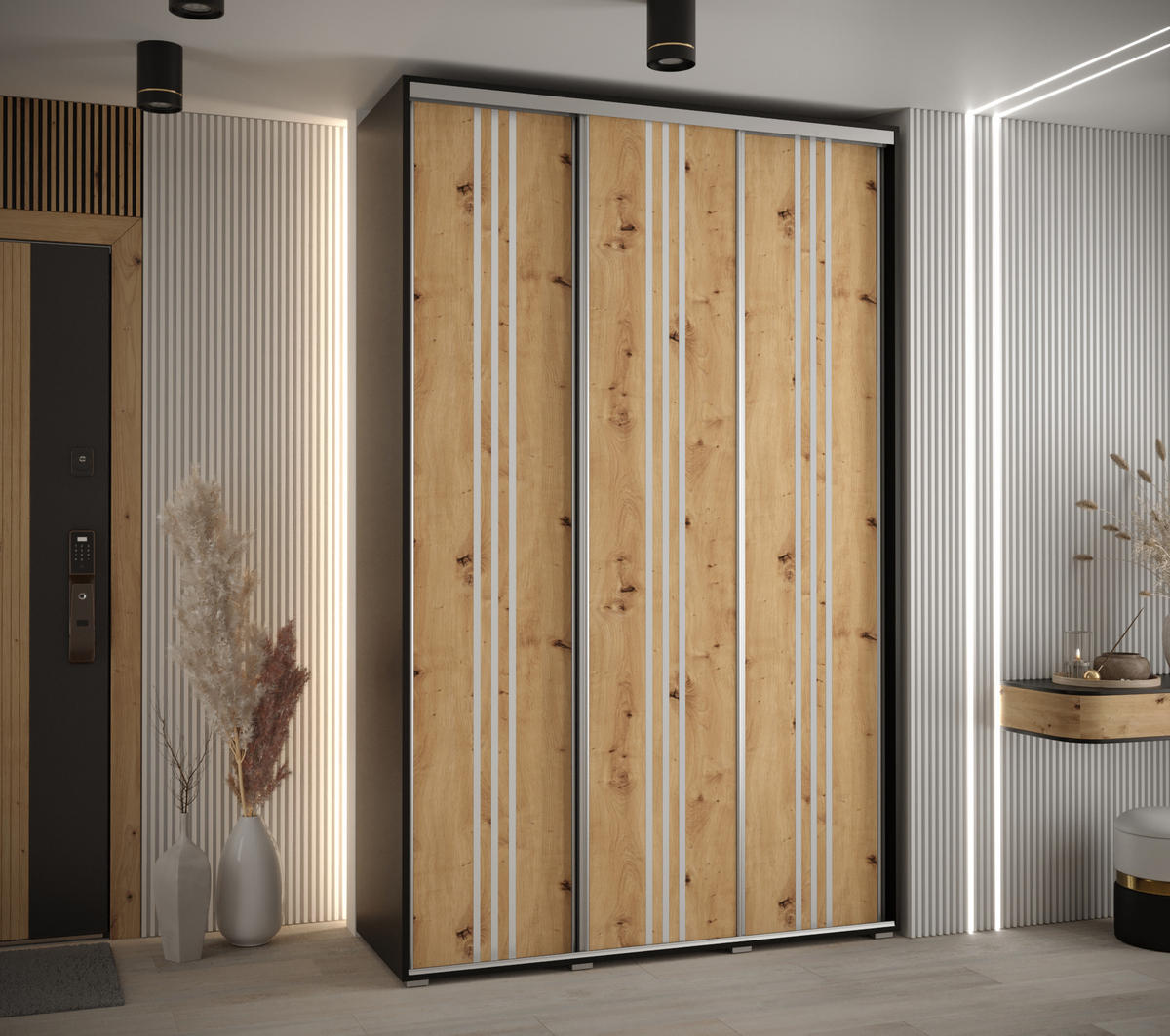 SCHWEBETÜRENSCHRANK 235,2/150/45 3-türig - Silberfarben/Schwarz, Holz/Metall (150/235/45cm) - Abiks Möbel