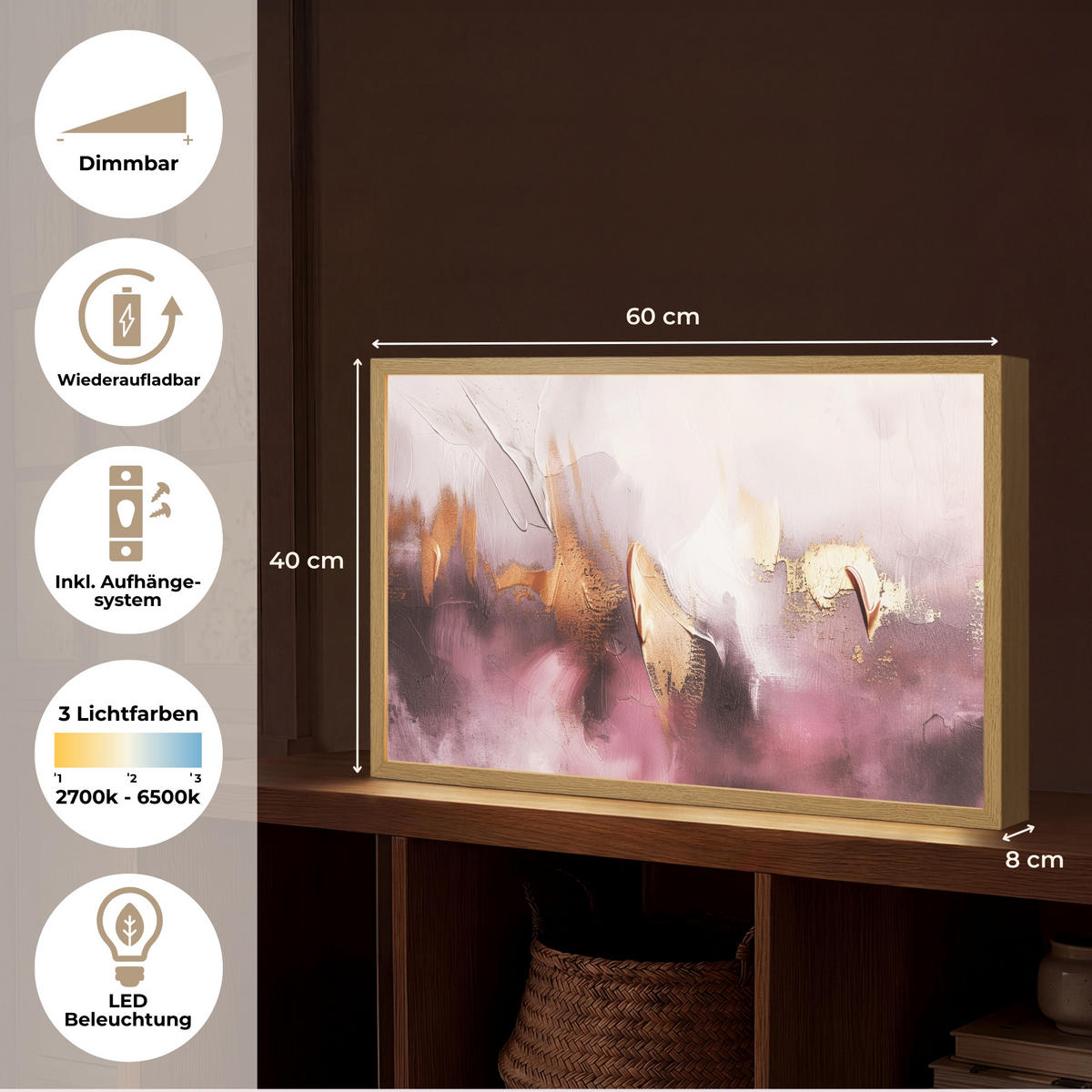 NÁSTĚNNÁ LAMPA S AKUMULÁTOREM Fialová - abstraktní - barva - zlatá 60x40 cm - světle fialová, kompozitní dřevo (60/40/8cm) - OnlyWow
