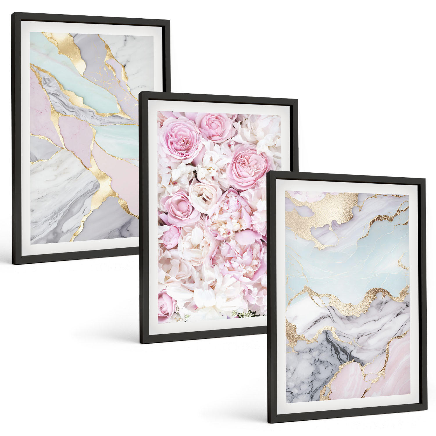 BILDER SET 3er Set - 40x60 cm Schwarzer Rahmen - Rosa Blumen Marmor Pastell - Schwarz, Kunststoff (40/60cm) - TULUP