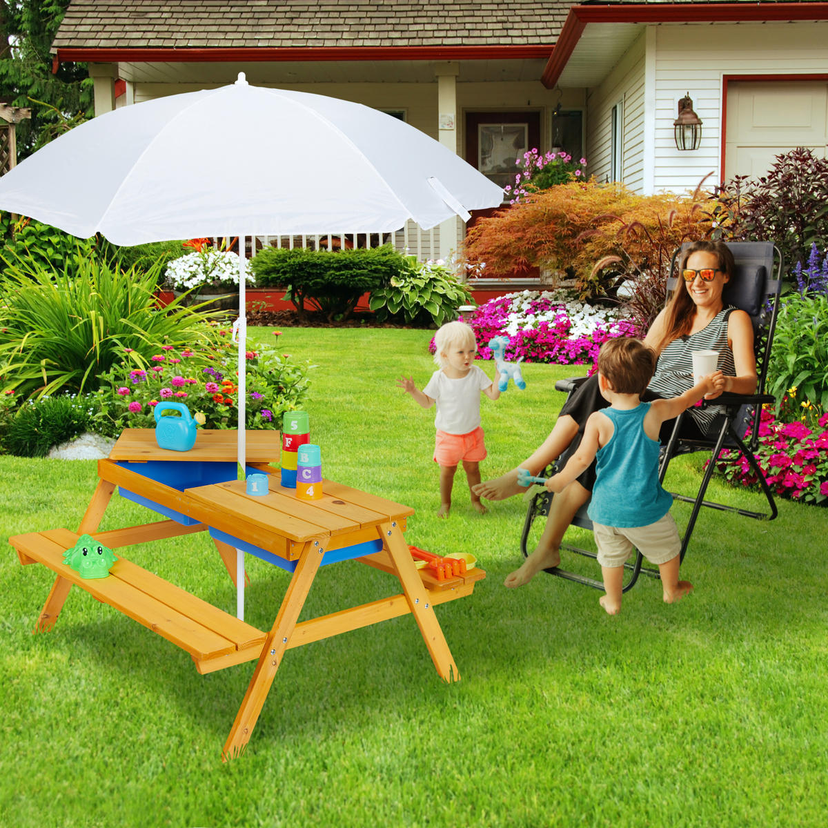 SITZGRUPPE Natur Holz Kinder mit Sonnenschirm - Hellbraun, Holz/Kunststoff - Relaxdays