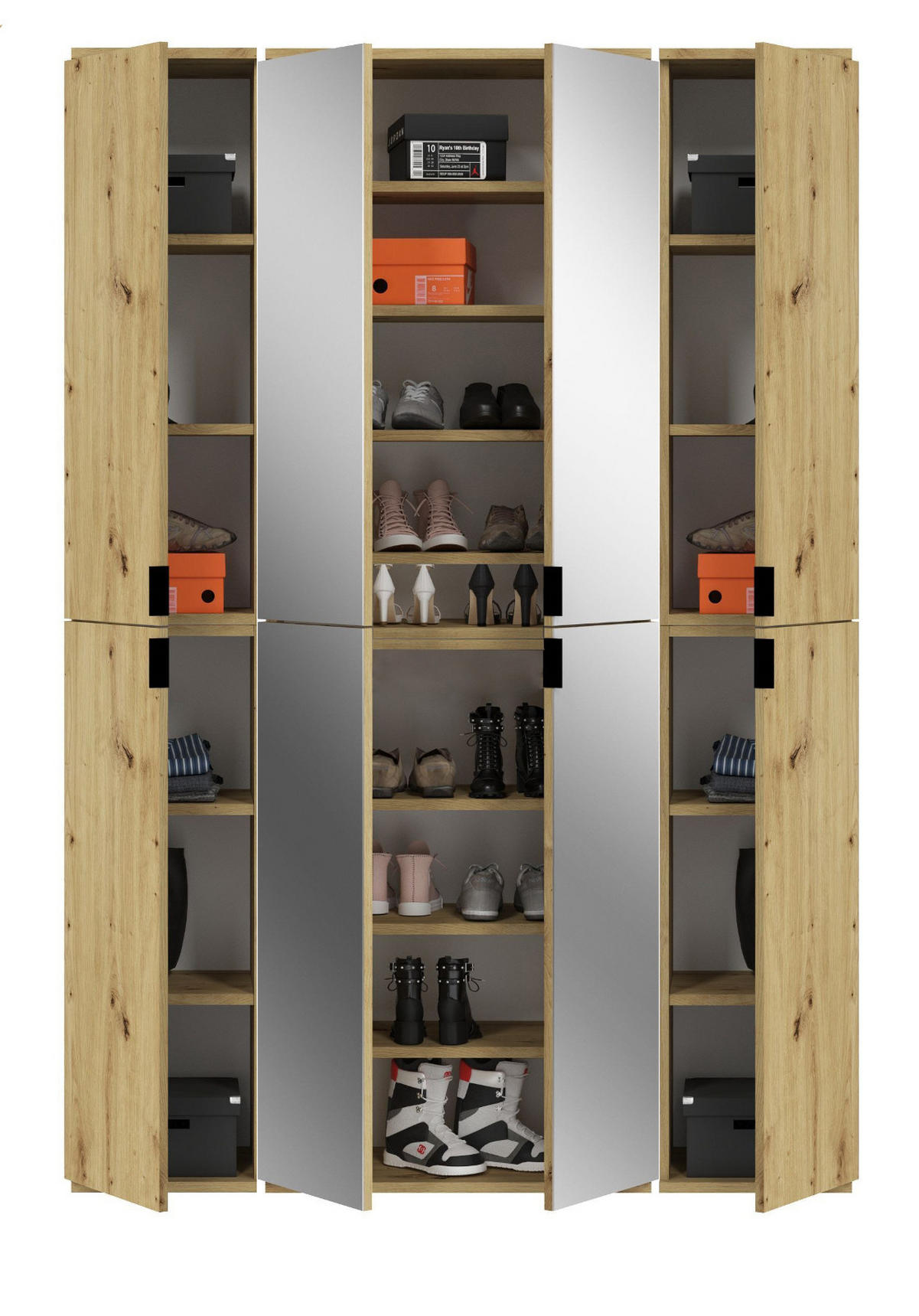 GARDEROBENSCHRANK Eiche Artisan 121 cm, Flurschrank mit Spiegel - Chromfarben/Schwarz, Glas/Holzwerkstoff (121/193/34cm) - Inn.Furn