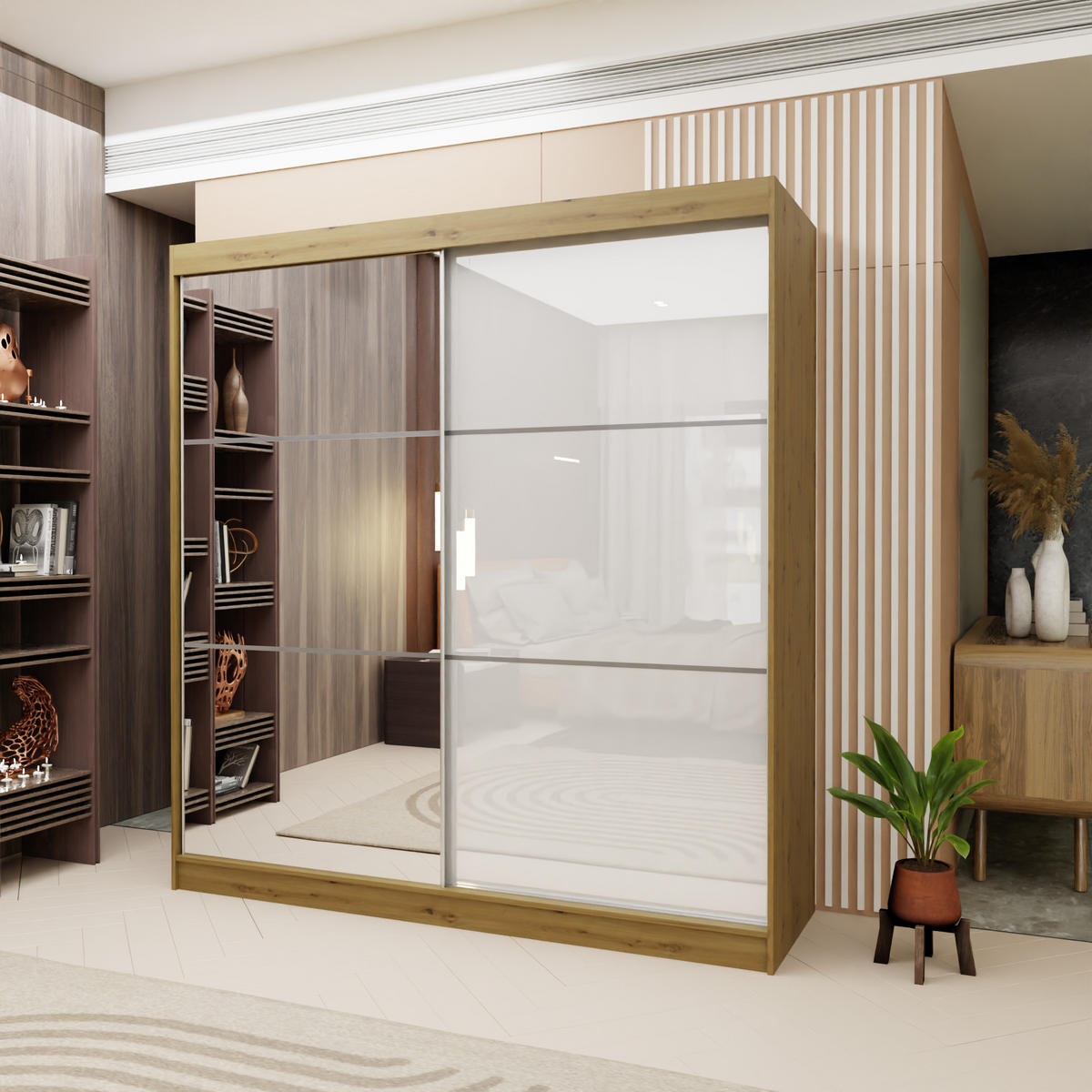 SCHWEBETÜRENSCHRANK VITALE 200/216/61 cm 2-türig mit Spiegel Eiche Artisan - Weiß/Eiche Artisan, Holzwerkstoff (200/216/61cm) - MASSENO