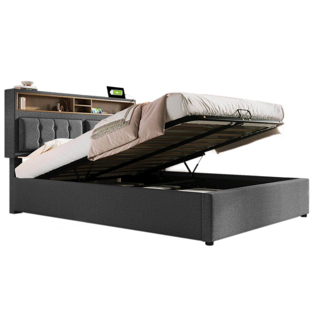 POLSTERBETT mit Bettkasten 140/200 cm in Grau mit USB-C, Steckdosen und Lattenrost - Grau, Textil (140/200cm) - BEAOK
