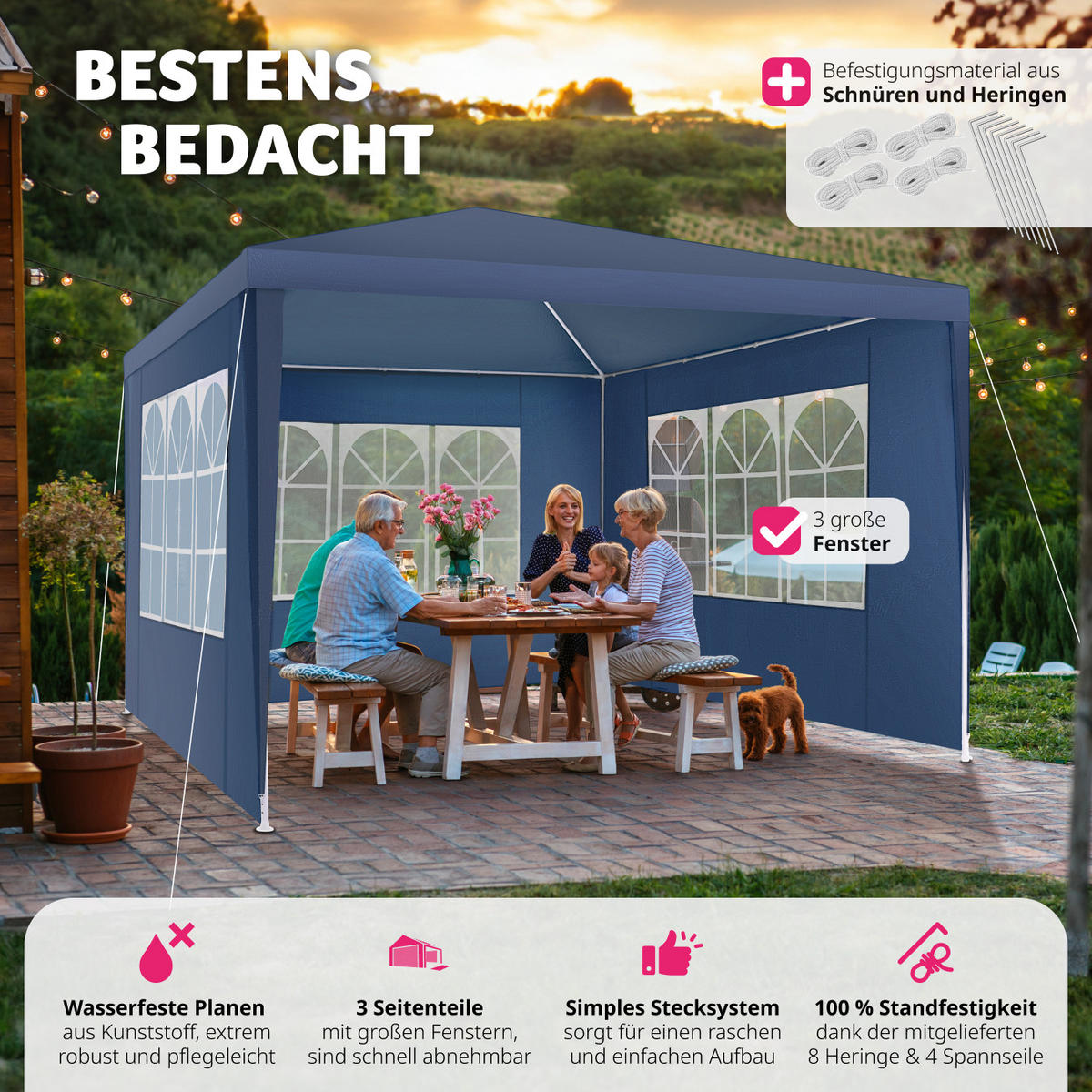 PAVILLON Baraban,inklusive Spannseile und Heringe,blau - Blau, Kunststoff (300/250/300cm) - tectake