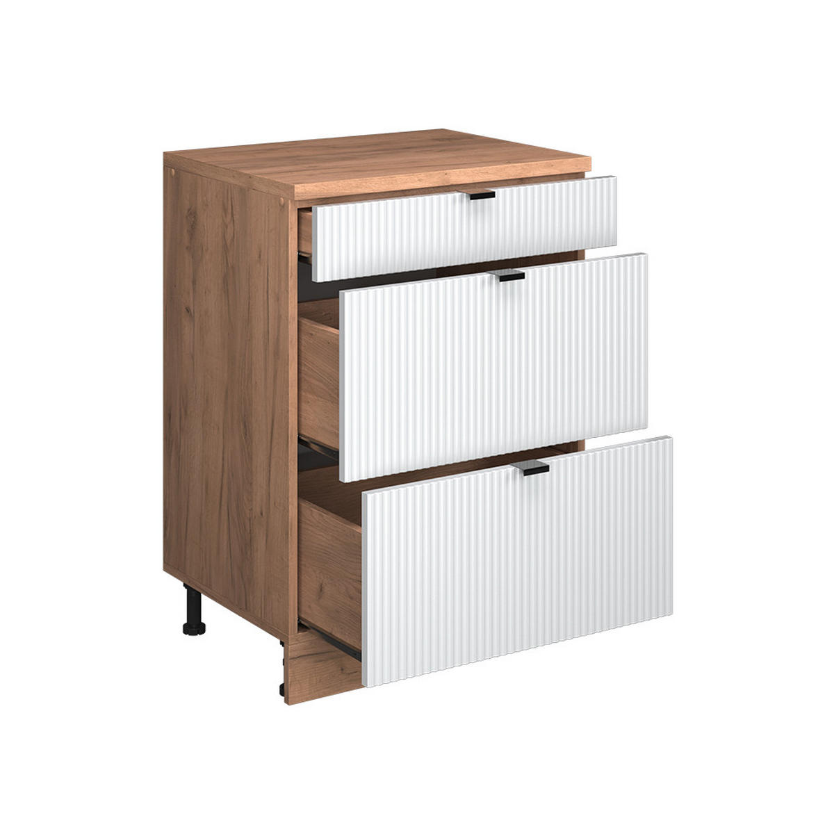 KUHINJSKA OMARA ZA POŠEVNE STREHE R-Line, Belo valovanje, 60 cm brez naklona z 3 predaloma - bela/medeni hrast, leseni material (60/83.8/46cm) - Vicco