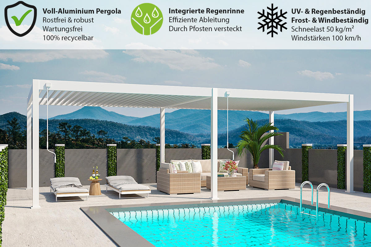 PERGOLA Deluxe Plus Pavillon Terrassenüberdachung Aluminium 4 x 8 m weiß - Weiß, Metall (400/255/800cm) - WEIDE