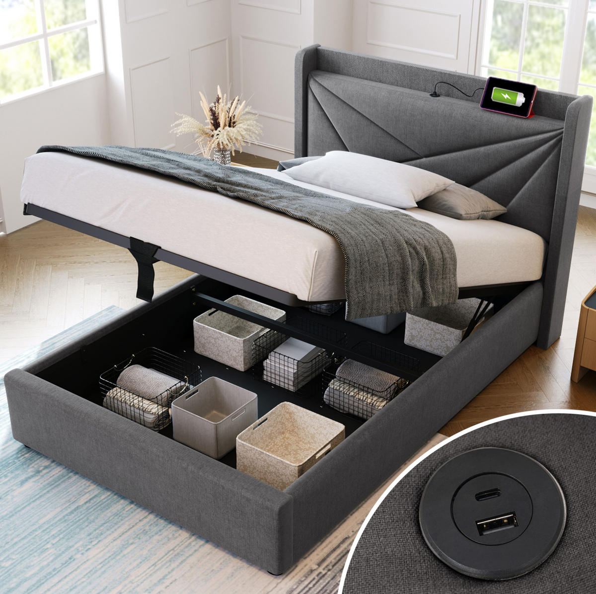 POLSTERBETT 90/200 cm Grau mit Bettkasten, Matratze und USB- und Type-C-Anschlüssen - Grau, Textil (90/200cm) - Flora Grace