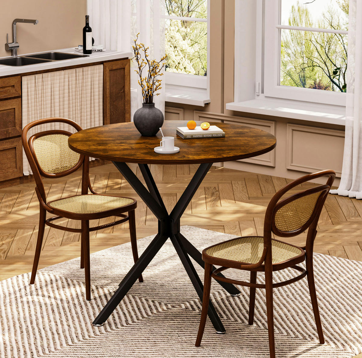 ESSTISCH 90/90/78 cm, rund mit Stahlgestell und kratzfester Spanplatte, Vintagebraun-Schwarz - Schwarz, Holzwerkstoff (90/90/78cm) - Redom