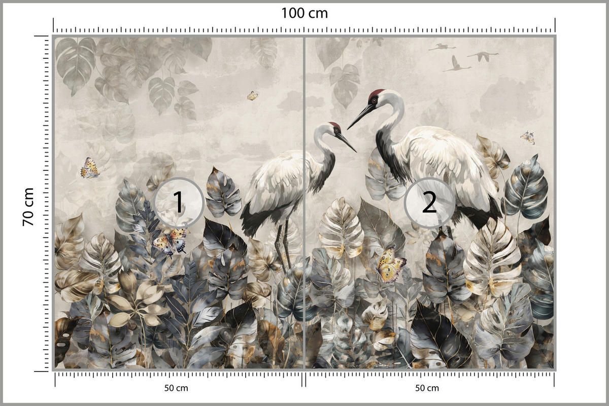 FOTOTAPETE für Wohnzimmer Kraniche Abstrakten Blättern Retro Natur 100x70 - Grau, Papier (100/70cm) - Muralo