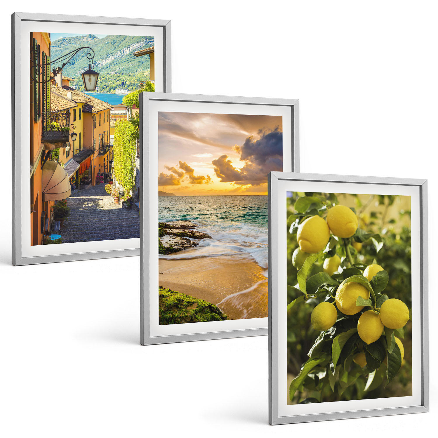 BILDER SET 3er Set - 40x60 cm Silberner Rahmen - Straßen, Meer, Strand, Zitrusbäume - Silberfarben, Kunststoff (40/60cm) - TULUP