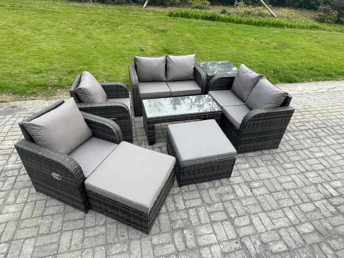 GARTENSOFA SET mit LIEGESTUHL Polyrattan 8-Sitzer Dunkelgrau - Dunkelgrau/Grau, Glas/Kunststoff - Fimous