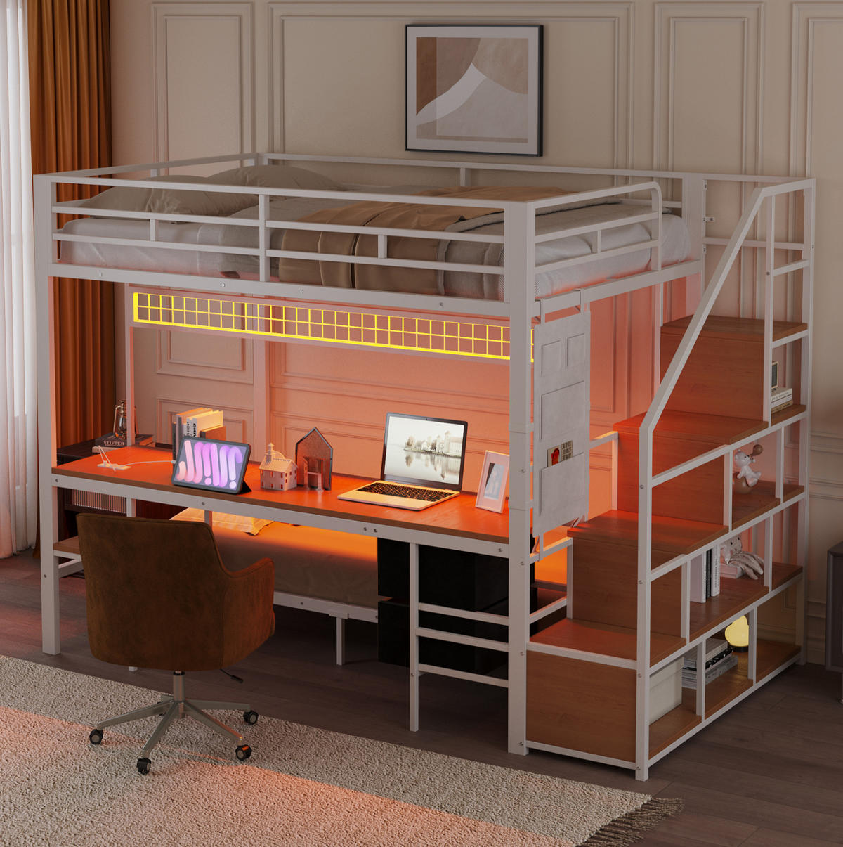 HOCHBETT 140/200 cm und 90/200 cm Weiß aus Metall und MDF mit Schreibtisch - Weiß, Metall (140/200cm) - OKMYHOME