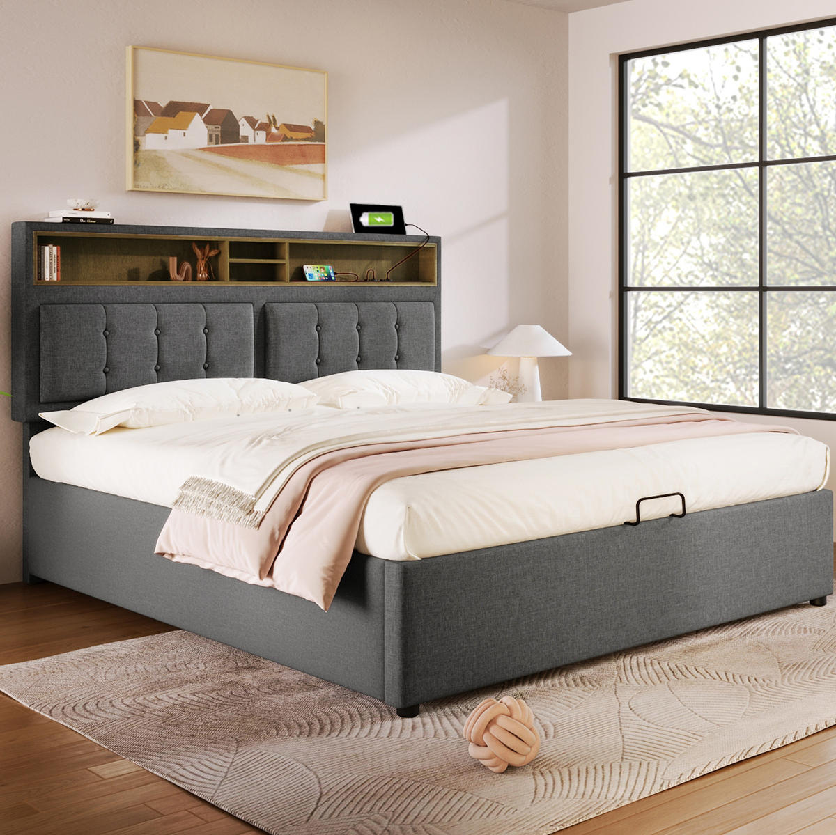 POLSTERBETT aus Leinenstoff 140/200 cm mit Matratze, USB-/Typ-C-Anschluss, Bettkasten und verstellbarem Kopfteil, Grau - Grau, Textil (140/140cm) - Redom