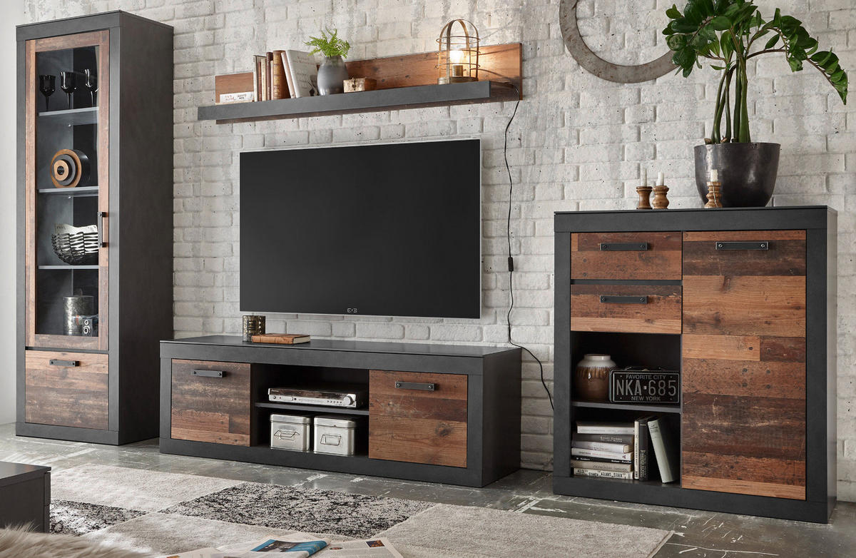 TV-LOWBOARD Old Used Wood Shabby Design mit Matera grau, TV-Unterteil, 153 x 51 cm - Dunkelgrau/Braun, Holzwerkstoff/Kunststoff (153/51/43cm) - Furn.Design