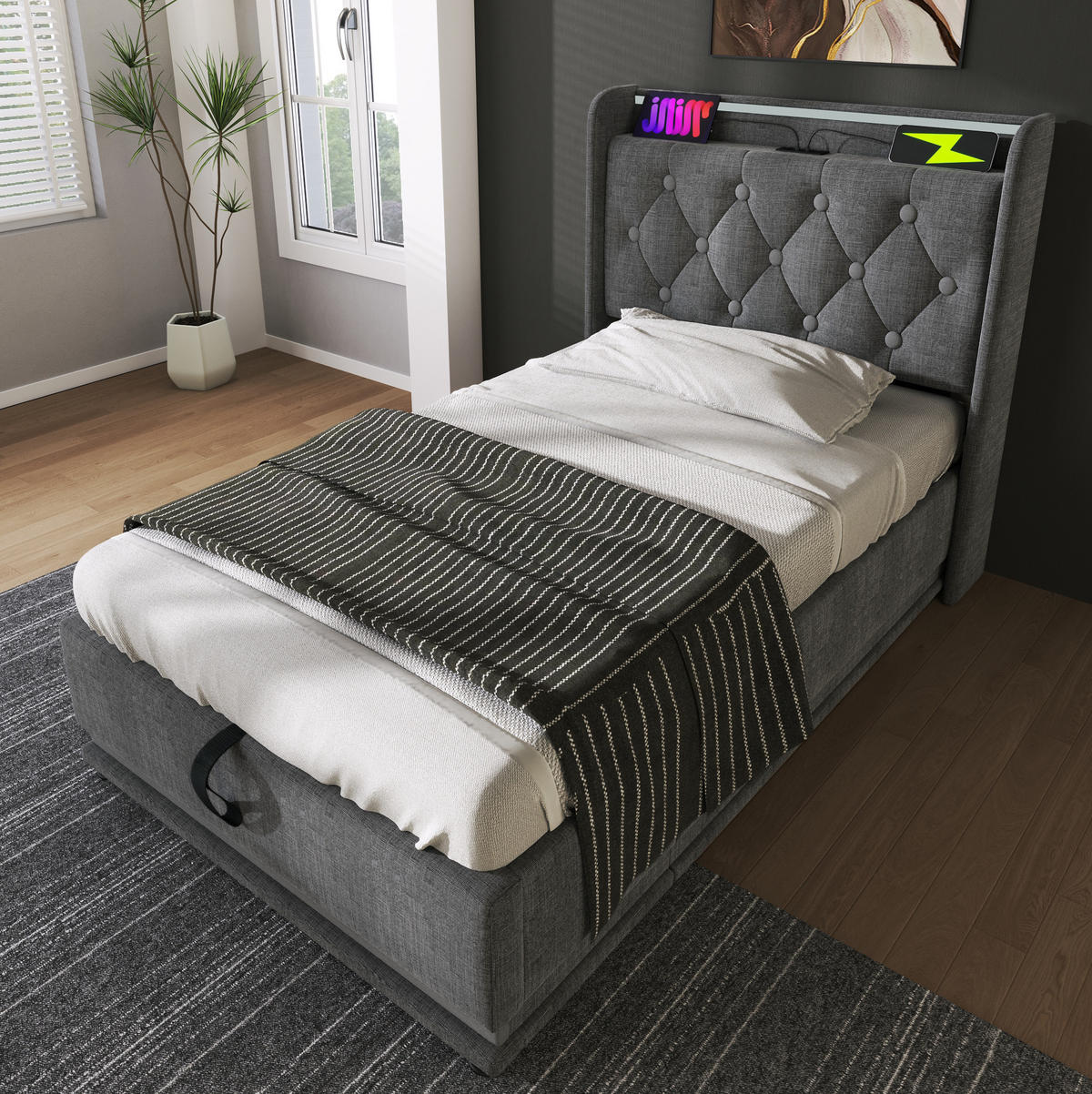 POLSTERBETT 90/200 cm Grau aus Leinen mit LED und Bettkasten - Grau, Textil (90/200cm) - OKMYHOME