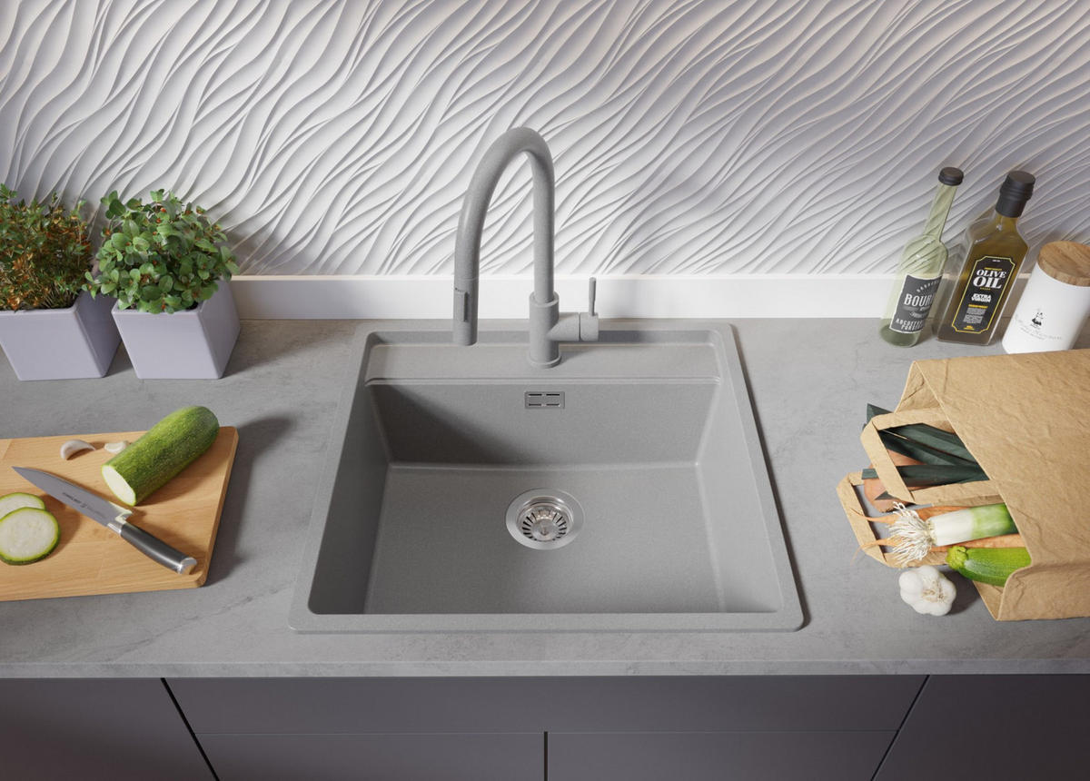 GRANITSPÜLE Bergen, 2-er set Grau 56/53 cm 1 Becken + Küchenarmatur 32/20 cm + Ablauf-Set + Schneidebrett ab 60er Unterschrank - Chromfarben/Beige, Kunststoff (56/20/53cm) - Primagran