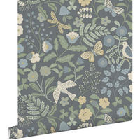 TAPETE Blumen und Vögel 50 x 900 cm - Blau, Papier (50/0.1cm) - ESTAhome