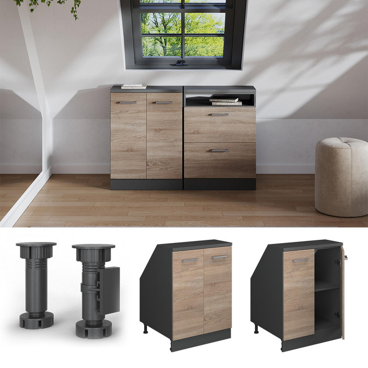 ŠIKMÁ SKRIŇA Rion Sonoma 60 x 81.6 cm s 2 dverami, korpus skrine hĺbka 60 cm - antracitová/dub sonoma, kompozitné drevo (60/83.8/60cm) - Vicco