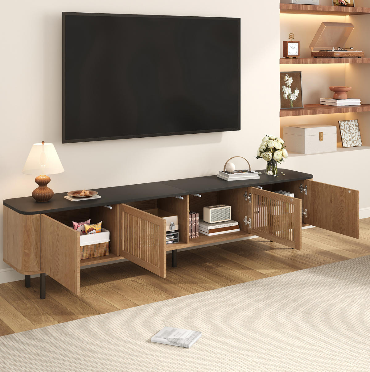 TV stolík 190/35/45 cm dubový z MDF a drevotriesky s mriežkovými dvierkami a úložným priestorom - hnedá, kompozitné drevo (190/45/35cm) - OKWISH