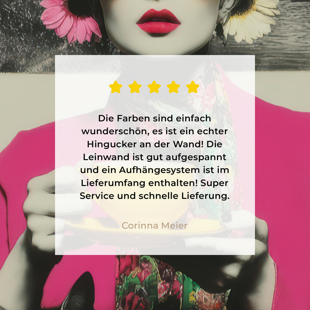 LEINWANDBILD Frau - Katze - Blumen - Tasse - Retro Wandbild Wohnzimmer 50x50 cm - Magenta, Textil (50/50cm) - MuchoWow