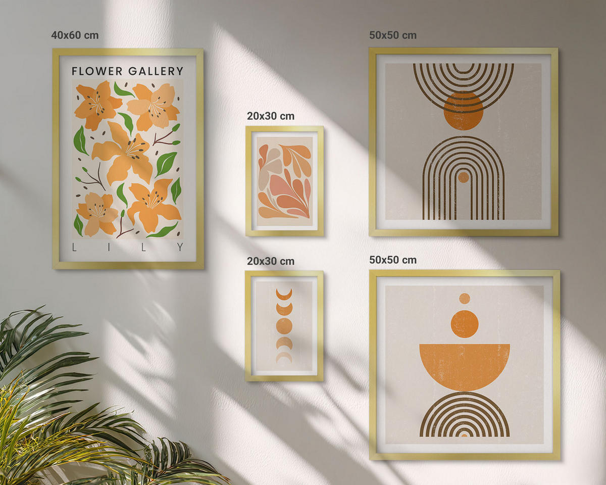 BILDER SET 5er Set - 50x50 cm & 20x30 cm & 40x60 cm Goldrahmen - Abstrakte orange Formen - Goldfarben, Kunststoff (40/60cm) - TULUP
