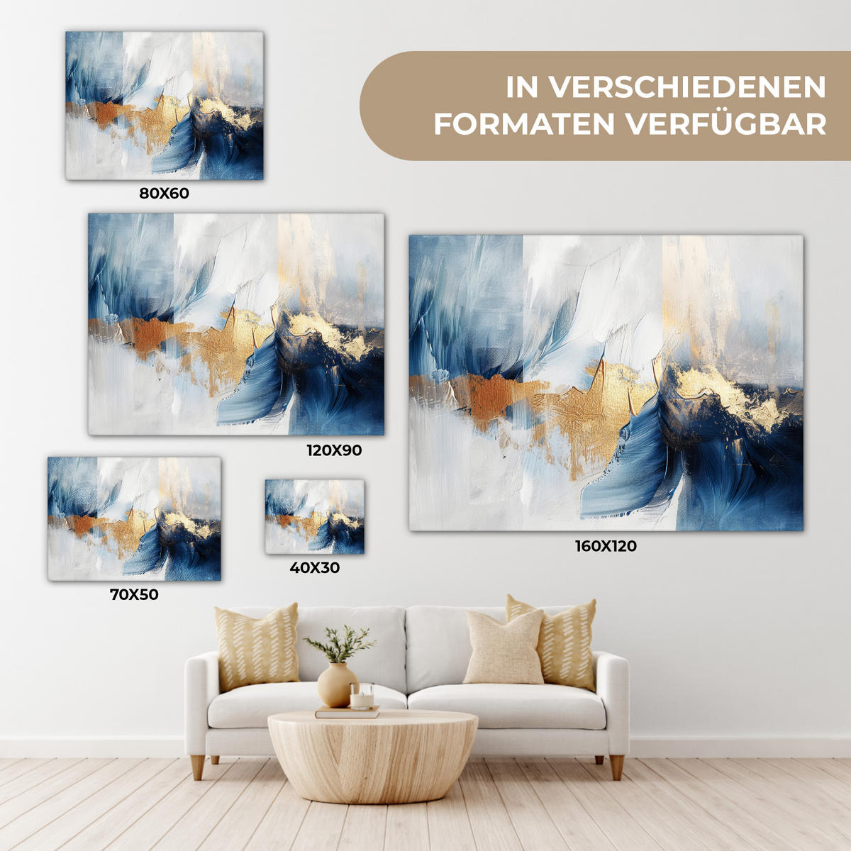 LEINWANDBILD Gold - Blau - Aquarell - Kunst - Modern Wandbilder 80x60 cm - Hellblau, Textil (80/60cm) - MuchoWow