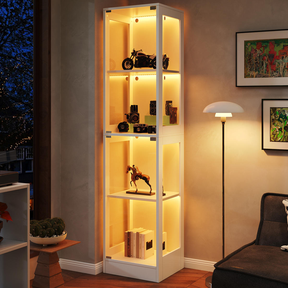 VITRINE Vitrinenschrank mit vier Ebenen Stauraum aus MDF und gehärtetem Glas, platzsparend, modern, Einzeltür Design - Weiß, Glas/Holzwerkstoff (40/170/35cm) - EVRYAE