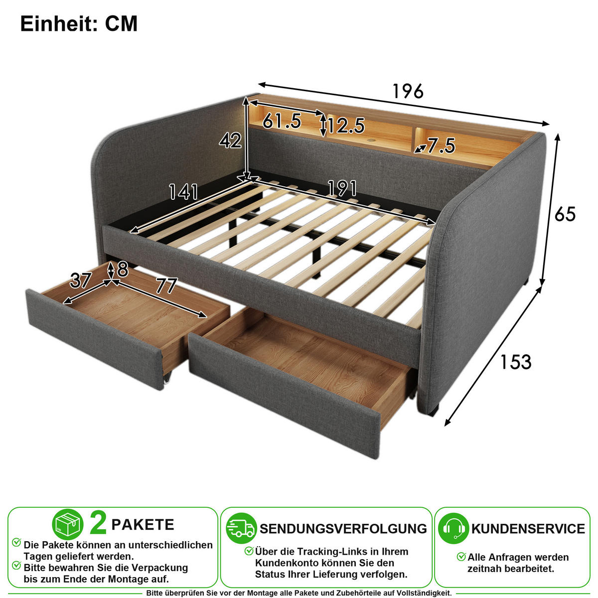 ČALOUNĚNÁ POSTEL 140/190 cm v šedé barvě s LED, USB-C a 2 zásuvkami ze lnu - šedá, kov/kompozitní dřevo (140/190cm) - CHICFURN