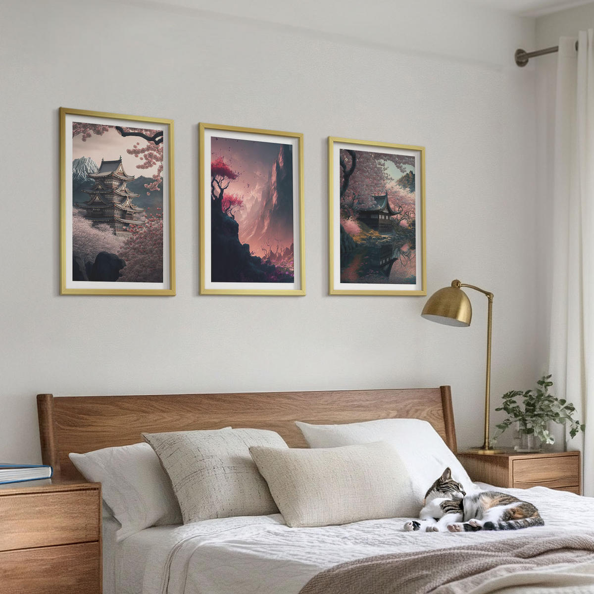 WANDBILDER 3er Set - 40x60 cm Goldrahmen - Fantasielandschaften der japanischen Berge - Goldfarben, Kunststoff (40/60cm) - ArtPrintCave