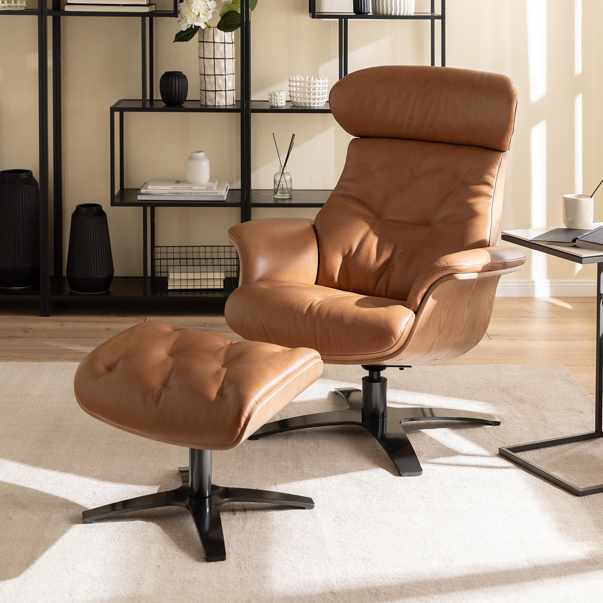 RELAXSESSEL - Cognac/Schwarz, Leder/Holzwerkstoff (79/100/84cm) - home24