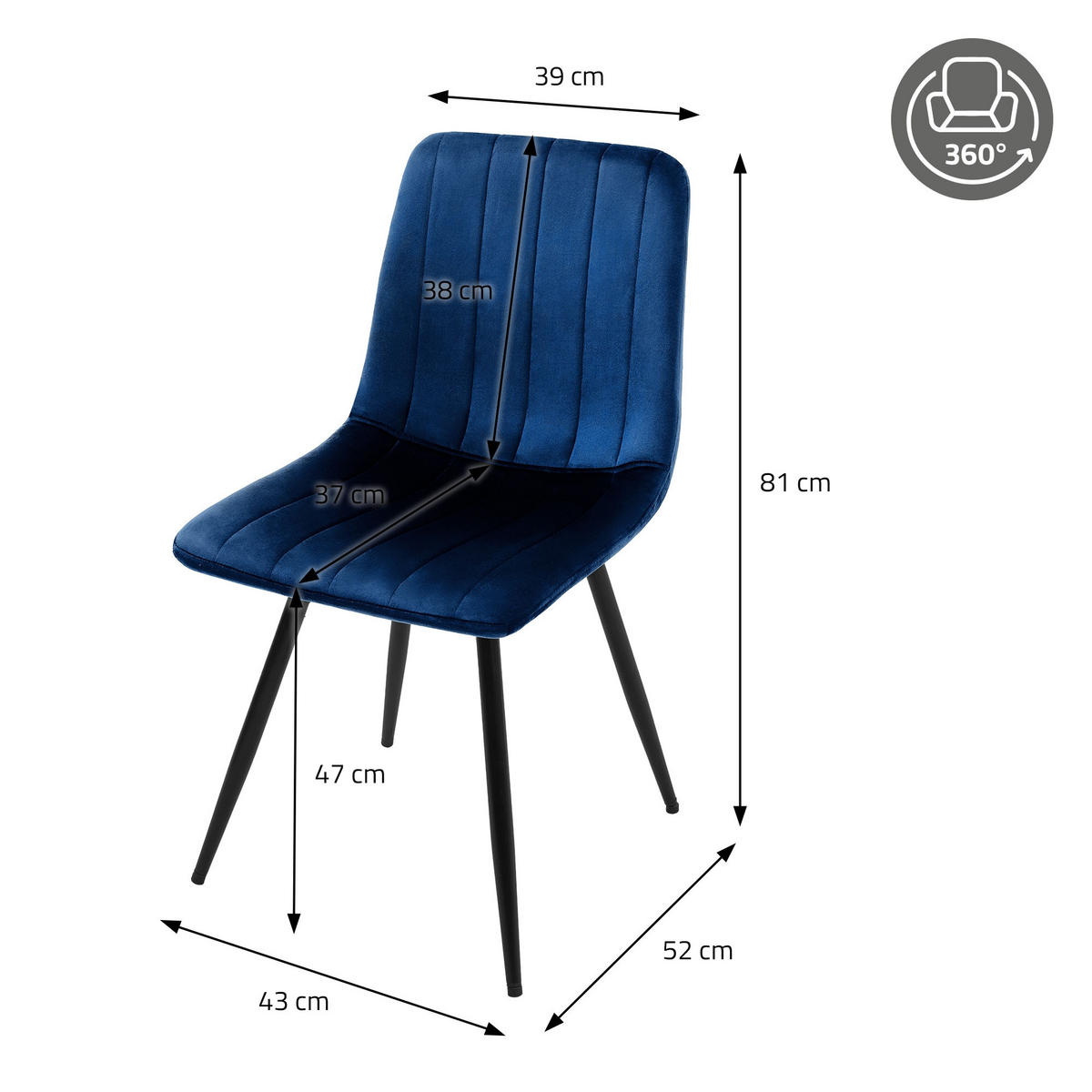ESSZIMMERSTÜHLE 2er Set drehbar Küchenstühle gepolstert aus Samt Dunkelblau - Schwarz/Dunkelblau, Textil/Metall (43/81/52cm) - ML-DESIGN