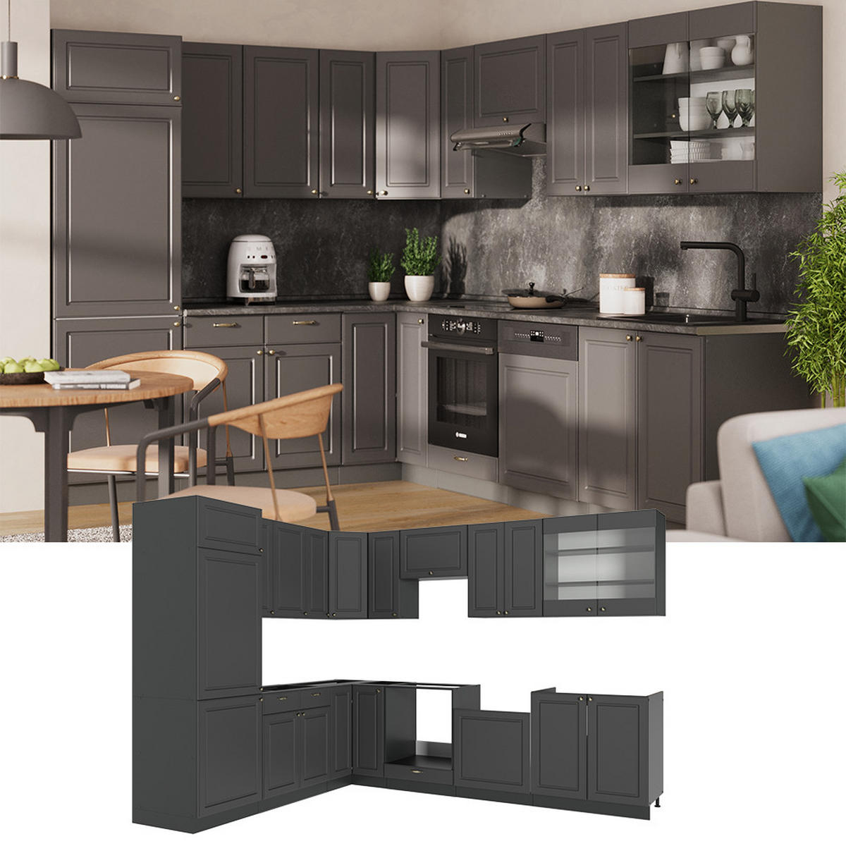 ROHOVÁ KUCHYŇ Fame-Line Anthrazit-Gold Landhaus - antracitová, kompozitní dřevo (287/81.6/60cm) - Vicco