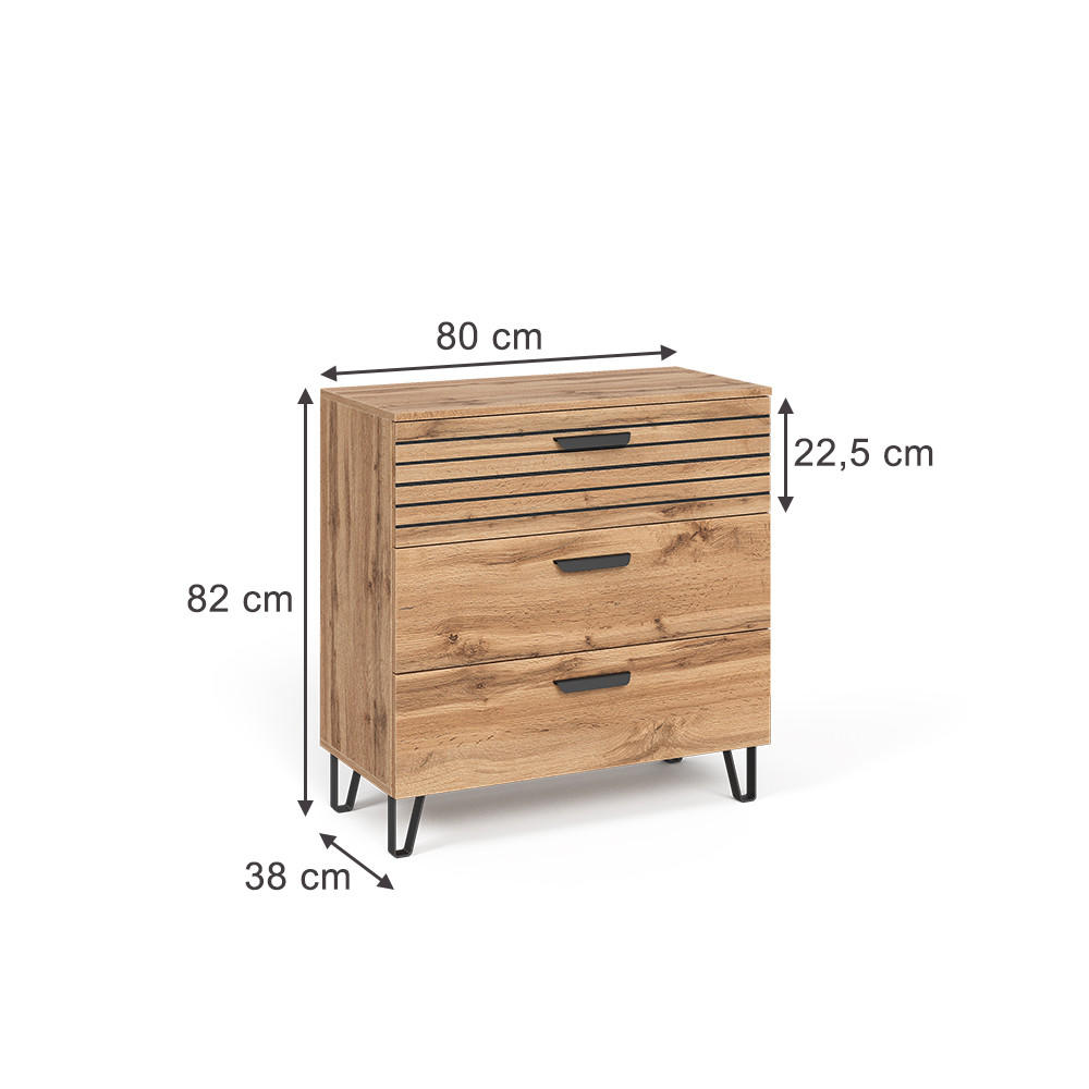KOMMODE Amber Eiche Wotan 80 x 82 cm mit 3 Schubladen - Eiche Wotan, Holzwerkstoff (80/82/38cm) - Vicco