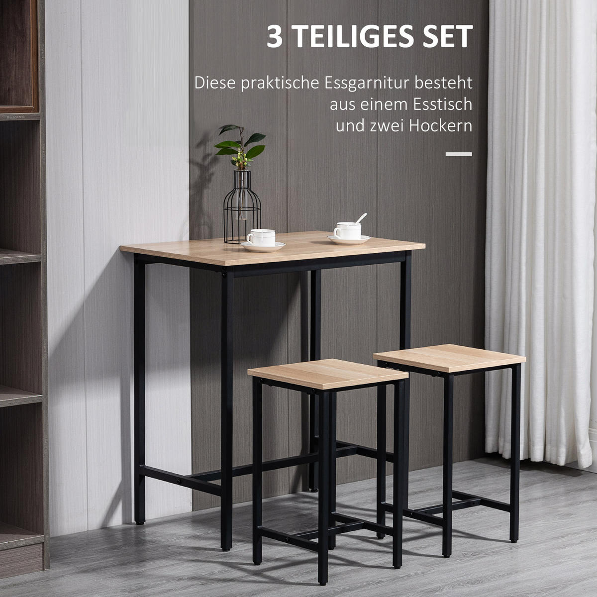BARTISCH-SET, Spanplatte, Natur+Schwarz - Naturfarben, Kunststoff (50/85/80cm) - HOMCOM