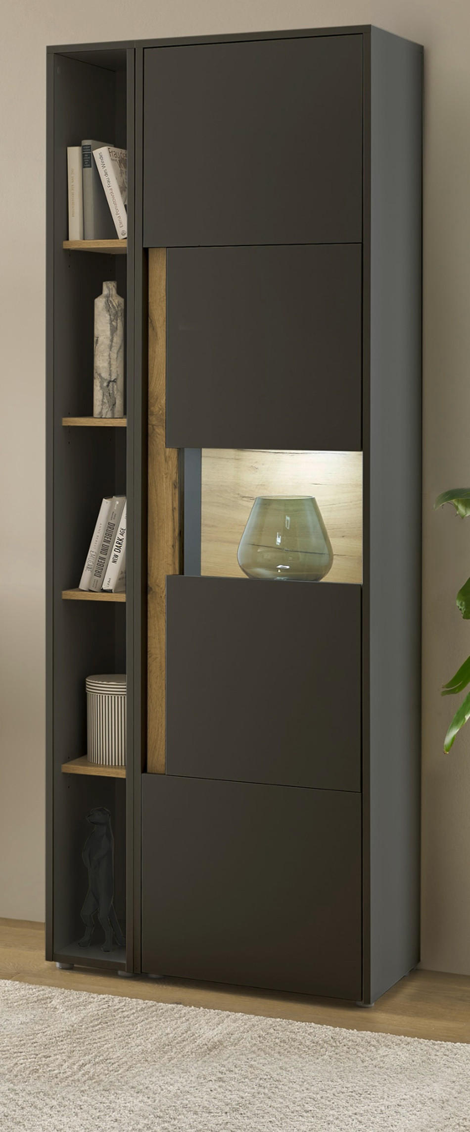 AKTENSCHRANK Set 2-teilig grau matt, Wotan Eiche, Regal-Vitrine-Kombination mit 5 Ordnerhöhen - Eichefarben/Eiche Wotan, Holz/Holzwerkstoff (70/200/40cm) - Furn.Design